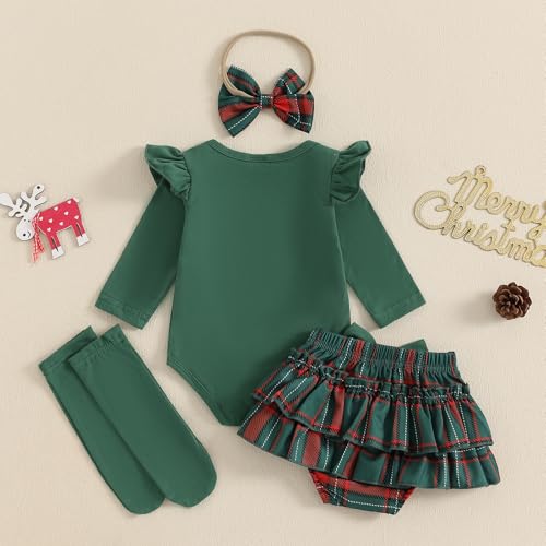 My First Chtistmas Baby Girl Outfits Ruffle Long Sleeve Romper Plaid Tutu Shorts Headband Socks 4pcs Fall Clothes3