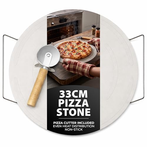 ZENO Pizza Stone 33CM | Pizza Stones for Oven | Pizza Stones for BBQ Pizza Oven | Even Heat Distribution | Pizza Cutter Included | Non Stick Pizza Stone with Stainless Steel Handles