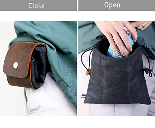 Tasche für Futtersuche Zusammenklappbar für Wandern, Faltbare Canvas Bushcraft-Tasche aus Leder und Leinwand mit Kordelzug für Camping Radfahren Klettern,Schwarz
