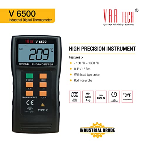 Image of VAR TECH Digital thermometer V 6500 K type thermocouple -150 C to 1300 C industrial use with Rod type and bead type probe Data hold Min /Max /Avg Auto power off, Accurate Temperature measurment