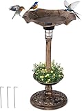 ReunionG 30 Inch Bird Bath, Solar Lighted Pedestal Birdbath & Feeder w/Lotus Leaf Water Basin, Flower Planter, Outdoor Vintage Fountain Decoration Bird Bath for Outside Garden Lawn Yard Patio (Bronze)