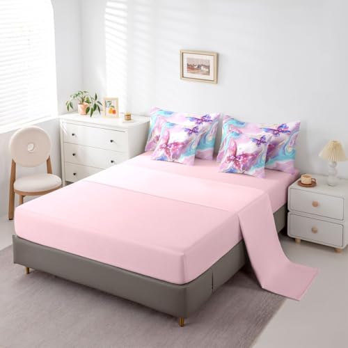Image of Floral Marble Butterfly 7 Pieces Bedding Set Twin,Pink Blue Tie Dye Bed in a Bag,Elegant Marble Texture Bed Set Includes Comforter,Sheet Set,Pillowcases & Pillow Covers,Modern Aesthetic Bedroom Decor