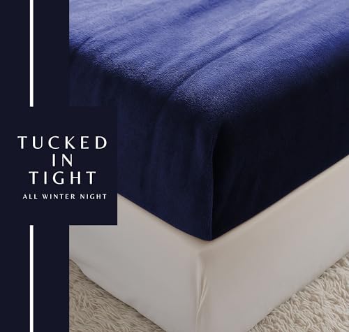 Image of VAS COLLECTIONS Luxury Warm Winter Elastic Fitted Bedsheet with 2 Pillow Covers - Ultra Soft Flannel Velvet Touch, Cozy & Wrinklefree lintfree Size - 78x72+10 Inches (Navy Blue)