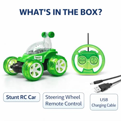 Image of SMART BOY Rechargeable 360 Stunt Remote Control Car for Kids with LED Lights, USB Charging, Anti-Skid Rubber Tires, 4WD RC Toy Indoor Outdoor Toy Gift for Boys Girls Age 3 4 5 6 7+ Years 9802GREEN