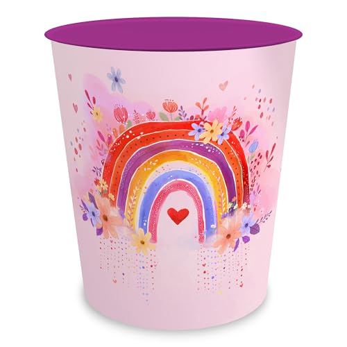 itenga Papierkorb mit Motiv Regenbogen - RAINBOW DREAMS - für Kinder und Erwachsene - rund ca. 11 Liter - Mülleimer fürs Kinderzimmer und Büro - stabiler Kunststoff