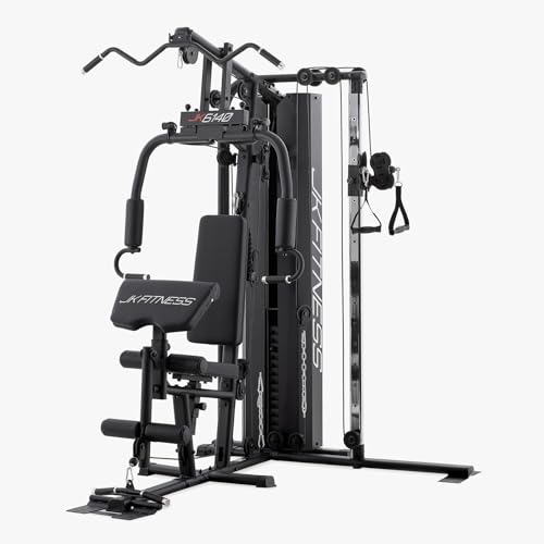 JK FITNESS [Stazione Multifunzione Con Double Pulley Laterale Pacco Pesi 80Kg] MultiGym Macchina A Cavi Home Gym Cavi Acciaio 5mm, Carrucole 9cm, Regolazioni Sedile 3 Schienale 5, JK6140 FullBlack Pro