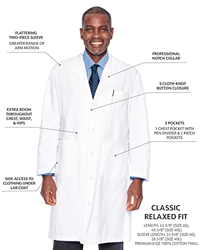 Landau Relaxed Fit 3-Pkt 5-Knot Cloth Button Full-Length Lab Coat For Men 3138, White, 40 #TOP1