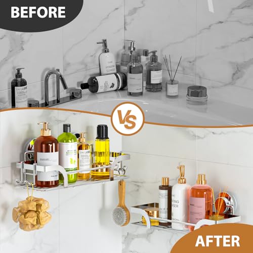 Image of LEVERLOC Shower Caddy Suction Cup 2 Pack, Shower Shelf for Inside, Large Capacity Bathroom Organizers and Storage, Rustproof & Waterproof Metal Bath Basket, No-Drilling, Heavy Duty, Silver