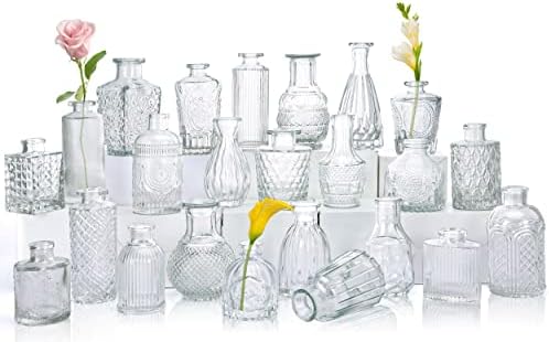 CUCUMI 24 Glass Bud Vase Set, Small Vases for Flowers, Clear Bud Vases for Centerpieces Mini Flower Vases in Bulk for Rustic Wedding Decorations Vintage Look Home Table Decor