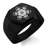 Black IP Plated Stainless Steel Metatron’s Cube Hexagon Crest Flat Top Biker Style Polished Ring,...