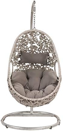 Miniatura 3 de DHPM Hamaca colgante de mimbre de ratán con soporte y cómodo cojín para patio al aire libre, porche, dormitorio interior, gris