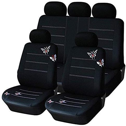 Full Set Black Butterfly Embroidery Car Seat Cover, Car Seat Protectors Fit Most Car, Truck, SUV, or Van, 9PCS, Black