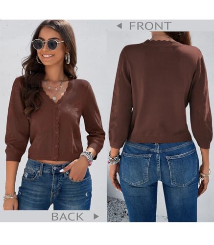Image of Women Crop Cardigan Sweaters Lightweight 3 /4 Sleeve Button Up Crochet Shrug | Textured Bolero For Dresses Dressy Casual, V Neck, Ladies Eyelet Shawl Thin Trendy