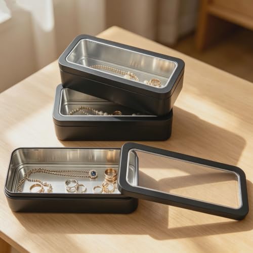 Image of 7 Pieces Rectangular Metal Empty Tins Containers, Black + Clear Window