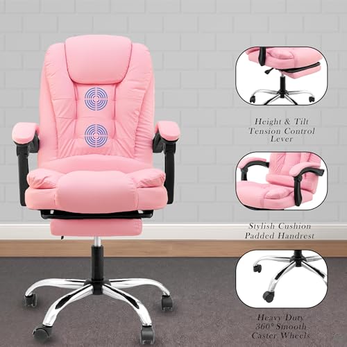 Image of Casa Copenhagen Italia Leatherette Office Chair for Work | Boss Chair, Luxurious Cushioned Arms & Seat, 2 Point Back Massager, Adjustable Leg Rest, Heavy Duty Metal Base (Pink)