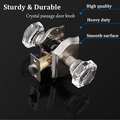 Clear Octagon Crystal Glass Door Knob Kit,Keyless Passage Handle For Hallway Closet Pantry,Satin Nickel Arched Rosette,1Pack #TOP1