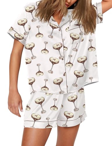 Image of SHESHOW Satin Pajamas for Women Set Preppy Animals Pjs Short Sleeve Shorts 2 Piece Loungewear Sets XS-XXL