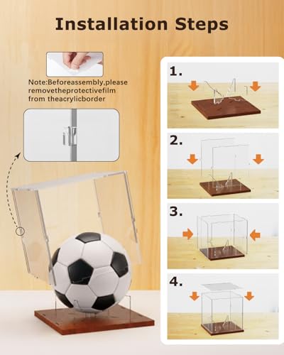 Image of Fitense Soccer Ball Display Case with Solid Wood Base, UV Protected Clear Acrylic Box, Removable Transparent Holder for Autographed Balls, Sports Collectibles & Memorabilia Display