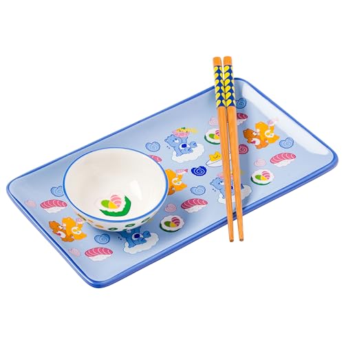 Image of Silver Buffalo Care Bears Featuring Grumpy, Tenderheart, and Friend Bear Ramen Blue Ceramic Sushi Set with Dipping Sauce Dish and Matching Chopsticks