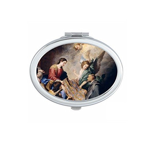 Miroir de poche de la Vierge María : peinture à l'huile et format ovale compact