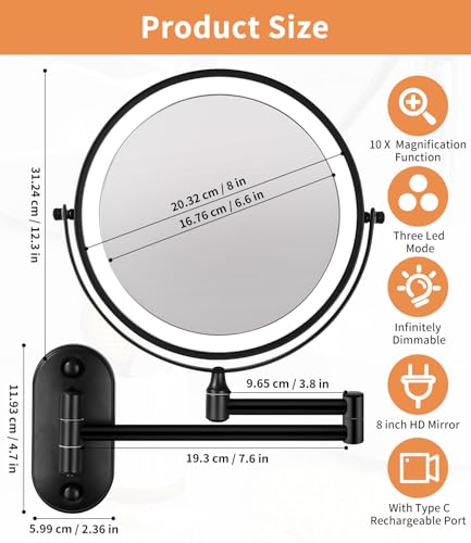 Jutyum Kosmetikspiegel mit 1X/10X Vergrößerung LED Beleuchtung, Dimmbar, 3 Farben