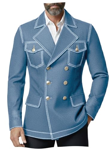 Double Breasted Denim-Like Jacket Blazer for Men Stretch Comfort Slim Fit Coat Mens Fashion Jacket M