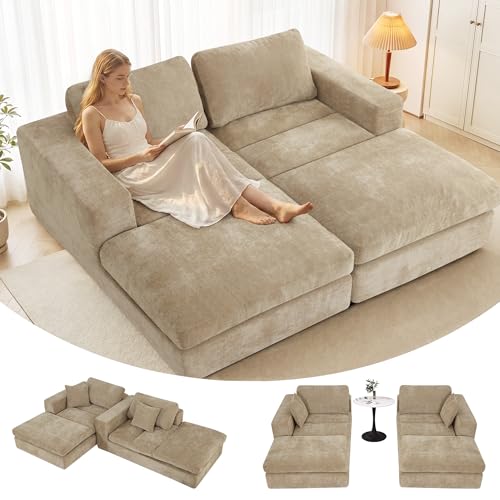 Mifnas 80.7 Oversized Double Chaise Lounge Chair Indoor Cloud Boneless Sleeper Sofa Bed with 4 Pillows Extra Deep Seat Cozy Loveseat Couch for Living Room Bedroom No Assembly Required (Khaki)