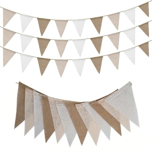 Esshogo 3 banderines de yute de 4 m, banderines de yute, banderines de lino, guirnalda de banderines de yute, guirnalda vintage para exteriores