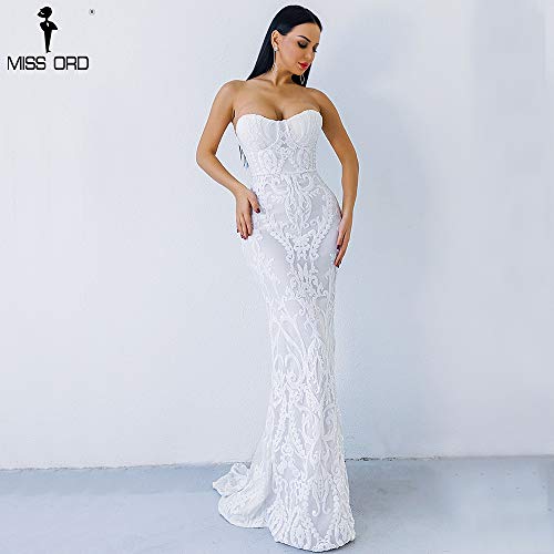Miss ord Sexy Bra Strapless Sequin Wedding Evening Party Maxi Dress (Medium, White)