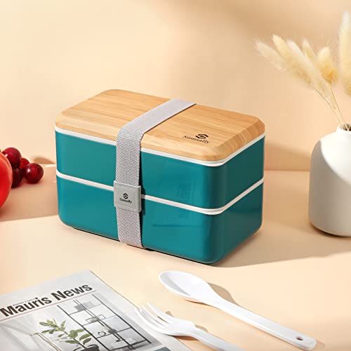 Image of Sinnsally Bento Box Adult Lunch Box,Stackable Japanese Bento Lunch Box Containers for Women /Men with Compartments(47oz),Lunch Containers with Utensil Set,Leak-Proof Lunchbox,Rectangle(Nordic Green)