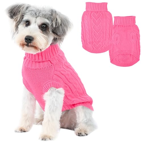 Image of Dog Sweaters Small Dog Clothes for Winter Solid Knitted Puppy Sweater Warm Pet Cat Sweater Doggy Pullover Outfit with Heart-Shape Design(Dark Pink, Large)