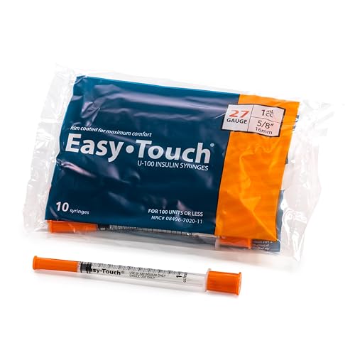 Image of Easy Touch 27 Gauge U-100 Insulin Syringes (27G 1cc 5 /8 inch) with 5 /8 inch Long Needle, 1cc (100 Unit Capacity), Bold Markings for Accurate Dosing, Disposable, Box of 100