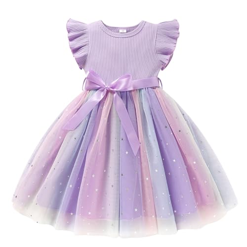 Sinhoon Toddler Girl Tulle Dress Summer Ruffle Sleeveless Baby Girl Fashion Casual Dresses(purple 4T)
