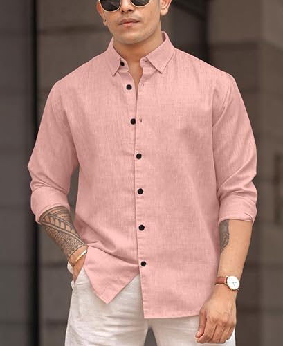 Image of Men's Solid Linen Blend Cotton Shirt | Full Sleeve Plain Shirt for Men | Regular Fit Casual & Formal Wear