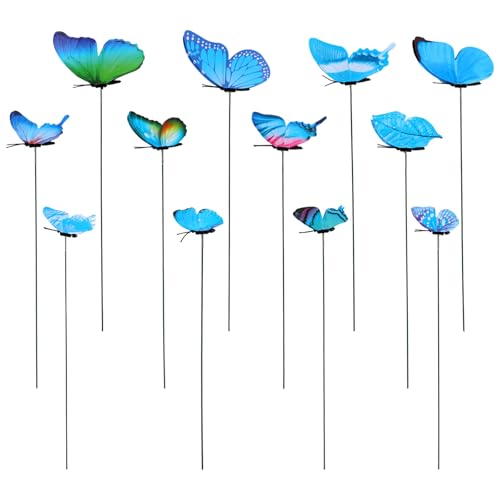 12pcs Decorative Butterfly Plant Stakes, 9.8in Lifelike Butterfly Garden Stakes PVC Waterproof Flower Pot Decorations for Garden Lawn Patio Indoor Outdoor Yard Planter Art Decor (Blue)