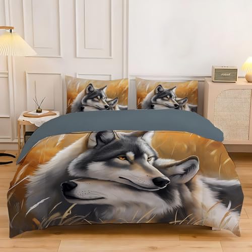 Parure de lit loup gris aquarelle King Size housse de couette microfibre 3 pièces - 4