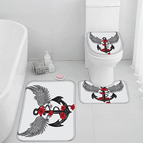 Zifarm Badematte rutschfeste 50x80 cm Anker Badvorleger-Set 3D Drucken Blumen Flügel Nautisch Mikrofaser Flanell…