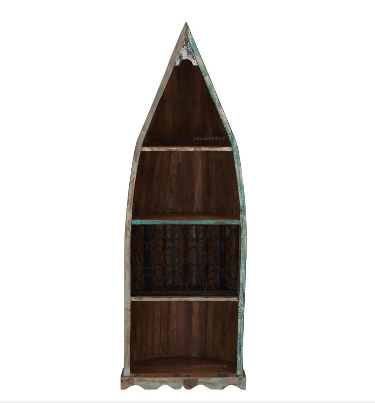 Image of Boat Wooden Bar Cabinet for Home | Antique Large Bar Unit for Living Room with Ring Stand | Handcrafted Rustic Bar Counter for Home | Wine Rack Organizer for Living Room | Reclaimed