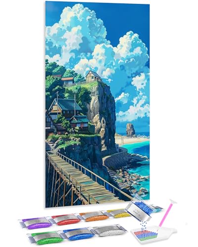 Cuadros de pintar con diamantes 5D Jumpdot: manualidad premium de paisaje costero, 70x40 cm