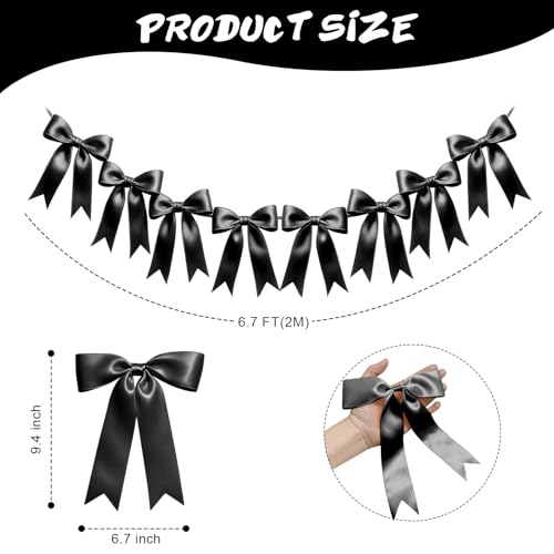 Image of 1 String of 8PCS Black Bow Garland Banner Decoration,Pre-Strung Satin Ribbon Ornaments for Birthday,Bachelorette Party,Bridal Shower,Wedding,Engagement,Baby Shower,Graduation Decor,Anniversary
