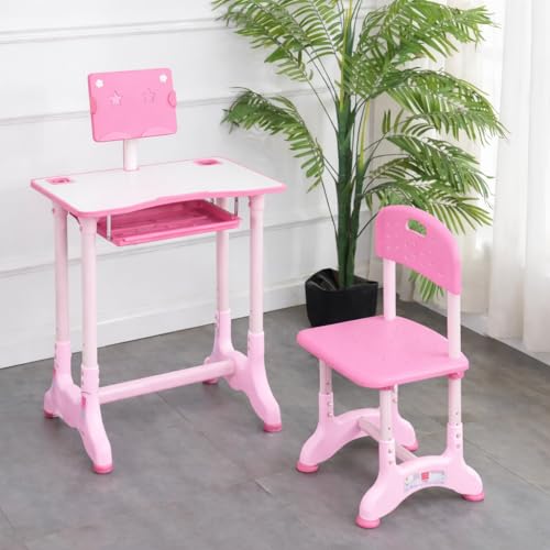 Image of Toby Kids Study Table and Chair Set with Height Adjustable Desk, Storage Shelf & Tablet Stand | Ergonomic Learning Desk for Children (Pink)