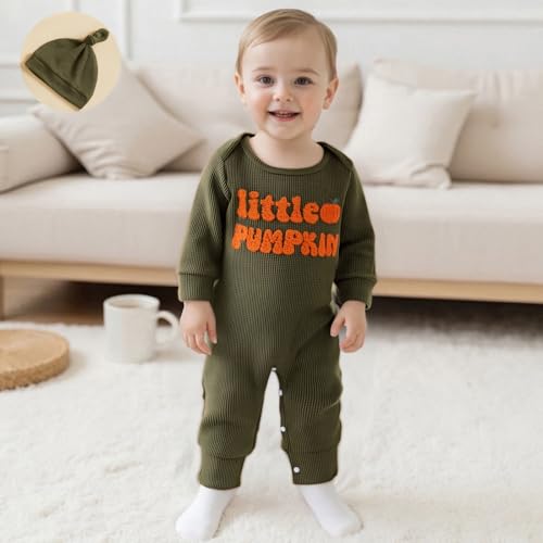 Newborn Infant Baby Boy Halloween Outfit Little Pumpkin Embroidery Romper Waffle Knit Long Sleeve Jumpsuit with Hat2