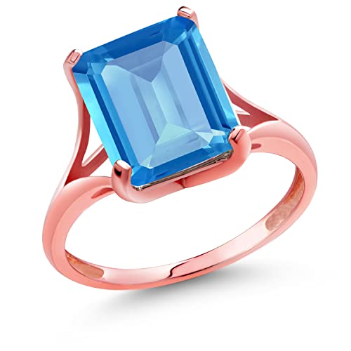 Gem Stone King 4.00 Ct Emerald Cut Swiss Blue Topaz 14K Rose Gold Women s Ring (Size 5)