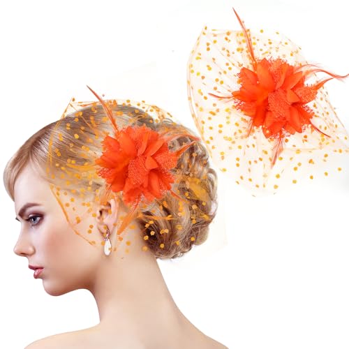 MWOOT Feder Blume Haarspange, 1920er Fascinator Feder Schleier Haarnadel für Damen, Orange Blumen Mesh 20er Jahre Haarschmuck für Karneval Halloween Cocktail Hochzeit Tee-Party Accessoires