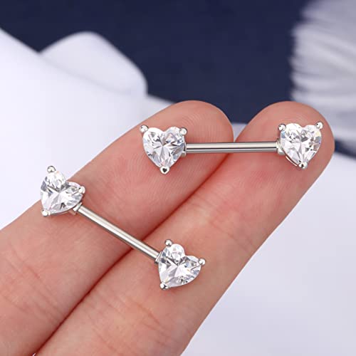 Oufer Nipple Piercing Jewelry, 2Pcs 14G Titanium Nipple Rings, Heart Nipple Rings, Shiny Clear Cz Nipple Barbell Body Piercing For Women Men #TOP4