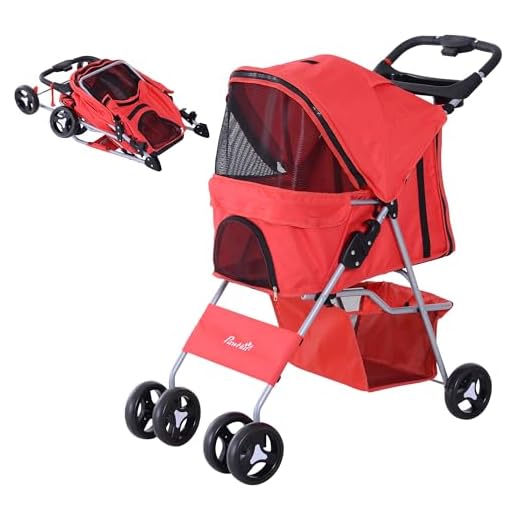Pawhut Cochecito para Mascotas Plegable Carrito para Perros con Toldo Ajustable Cesta de Almacenaje y Ruedas con Freno Tela Oxford Marco de Acero 75x46x94 cm Rojo