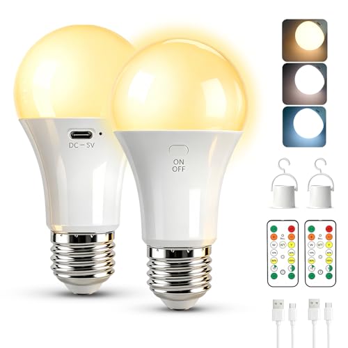 Liuyife 2600mAh Bombilla Recargable con Mando, 7W 3 Color Regulable & Timer, USB E27 Exteriores Luz de Emergencia Acampar Portátil con Gancho, LED Linterna de Camping para Tienda, 2 Piezas