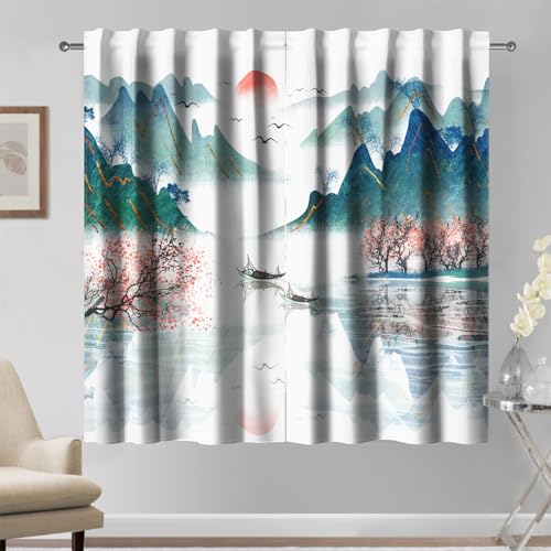 Kzzfqxb 117x138cm 2 Panneaux Rideaux Peinture Chinoise, Lever De Soleil Oiseaux Montagnes Vertes Bateaux Rivière Pêchers Fleurs Réflexion Paysage De...