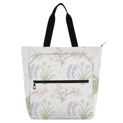 Sac fourre-tout résistant fleur lavande, grand cabas réutilisable et lavable
