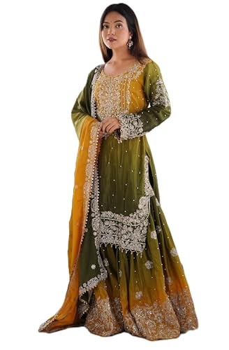 Image of Pandadi Saree Women's Chinon Silk Embroidery Kurta Sharara Set With Dupatta.